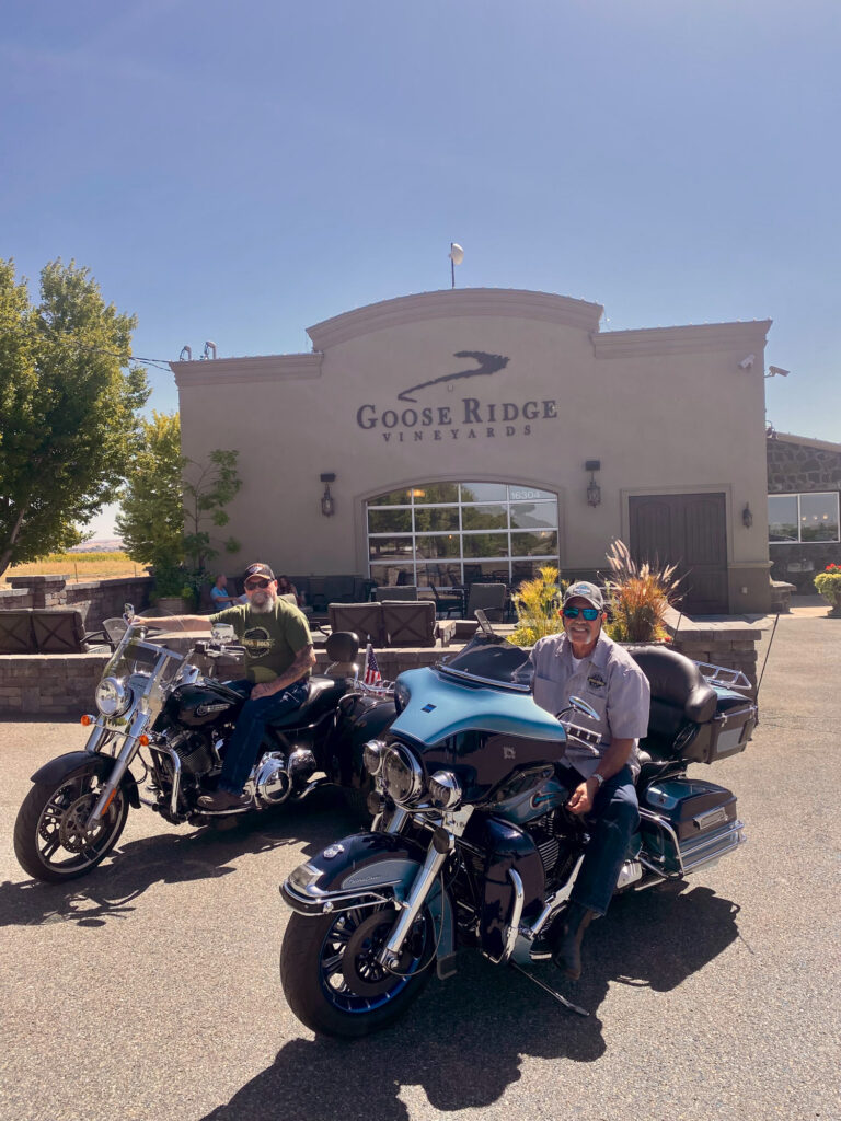 Motorcyclists parked outside Goose Ridge Vineyards