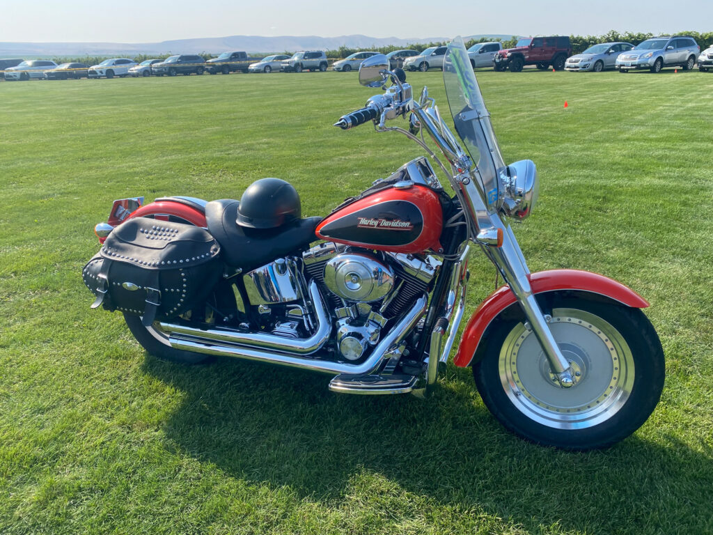 Red Harley-Davidson motorcycle parked on grassy field